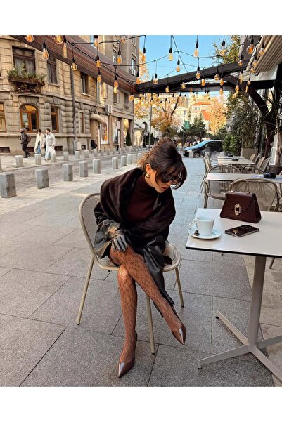 MESHWOMAN Дамски кафяви чорапогащи с леопардов принт, внесени от чужбина