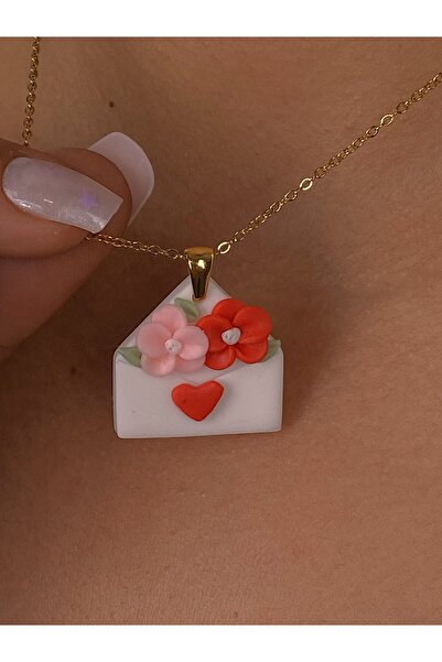 Furtek Aksesuar Polimer Kil Çiçekli Mektup Çelik Kolye Gold Kaplama Minimal S...