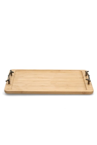 Bien Servi Durable Rectangular Bamboo Serving Tray with Brown Metal Handle 40 x 25 cm