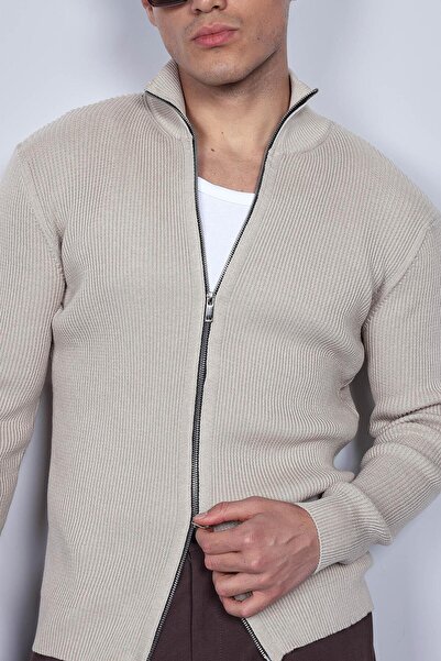 ablukaonline Ανδρική ζακέτα με φερμουάρ με ψηλό γιακά, μπεζ