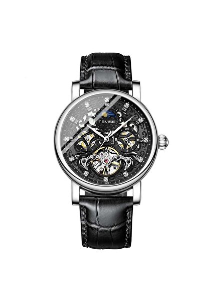 Tevise Ceas bărbătesc mecanic automat cu schelet, curea din piele neagră