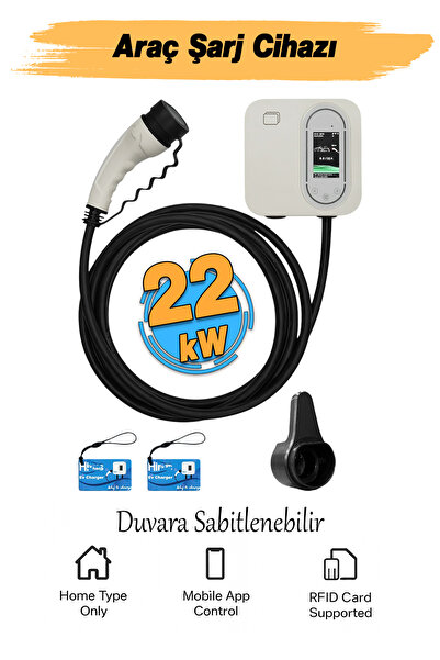 Badem10 Elektrikli Akıllı Araç Şarj İstasyonu 22 KW Duvar Tipli 5 Metre Kablo Mobil Uygulamalı HCDK-22 RFID