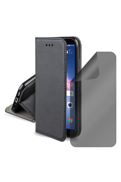 Optim Solution Set Husa Flip si Folie Silicon Privacy pentru Htc 10 Lifestyle, Texture Design, Negru