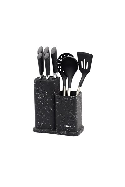 Generic 9-piece black marble spoon and knife set