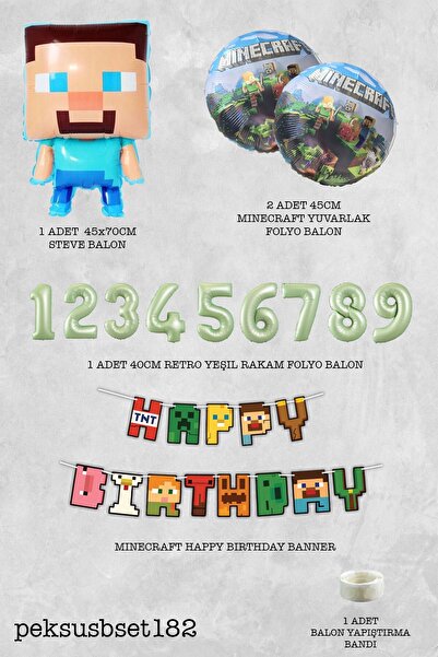 PEKSHOP 7 Yaş Minecraft Konsept Steve Balonlu Minecraft Doğum Günü Balon Seti