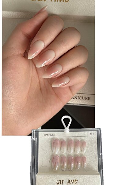 TAKIŞTIR Pembe Ve Beyaz Renk Jel Tırnak Görünümlü 10'lu Takma Tınak Set (Yapı...