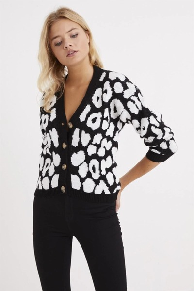 citystyle Women's Leopard Print V-Neck Buttoned White Knitwear Cardigan with ...