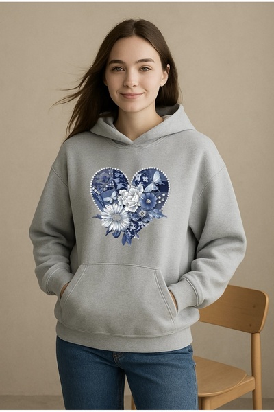 FUFLUNS Blue Flower Heart Printed Oversize Unisex Women/Men Hooded Sweatshirt