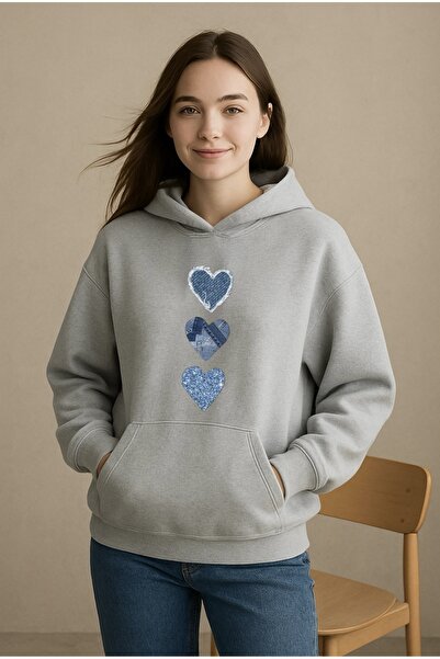 FUFLUNS سترة رياضية بغطاء للرأس مطبوعة بتصميم قلب من الدنيم للجنسين