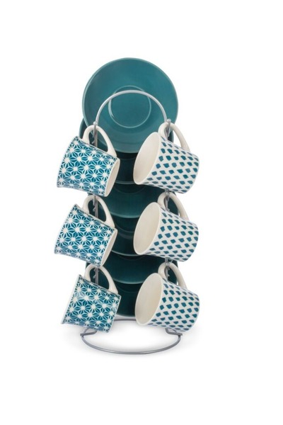 Bien Servi 13-Piece Coffee Cup and Saucer Set with White and Blue Stand