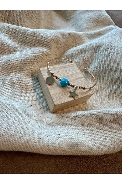 Twelve Gold Color Blue Stone Detailed Handcuff Model Bracelet