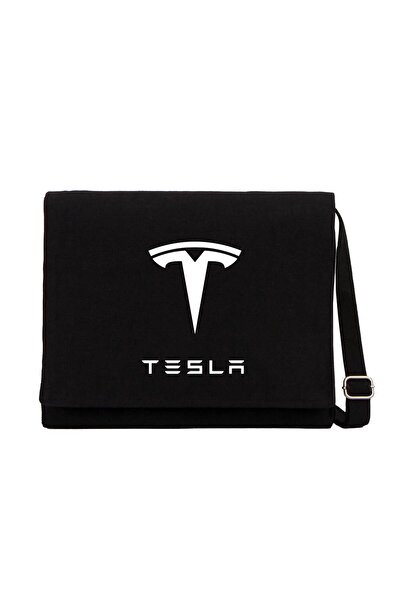 CrowsGate Geantă Messenger din pânză neagră cu text cu logo-ul Tesla