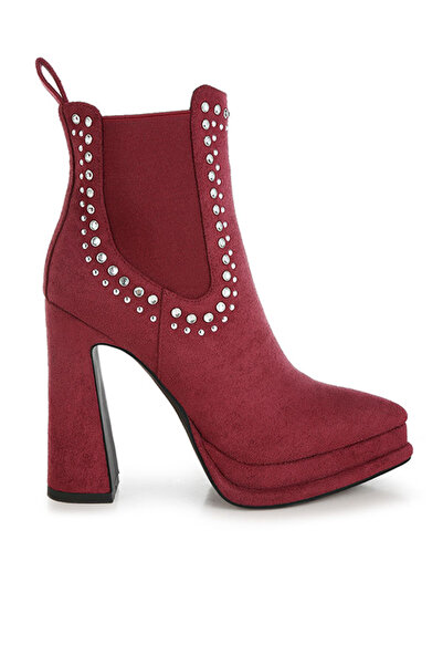 london Rag Women Studs Embellished High Ankle Boots in Burgundy