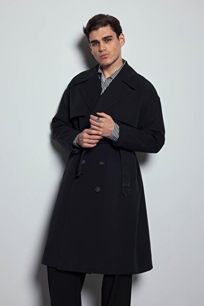 ablukaonline Men's Oversize Double-Breasted Belted Trench Coat Black