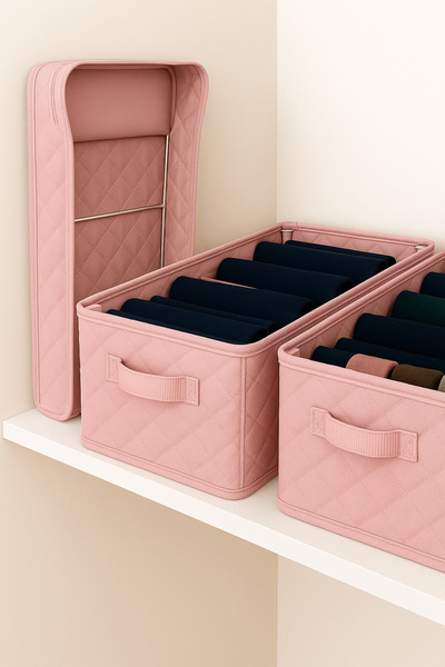 SER&YAT Raf Düzenleyici 25 cm – Pembe Tela Kumaş | 1 Adet | Çelik Destekli, Katlanabilir Kıyafet Organizeri