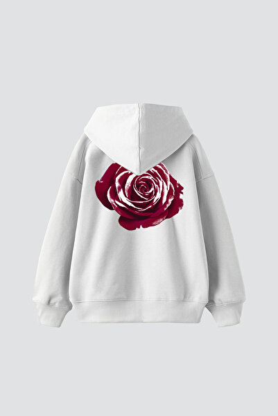 Sekizbiraltı Λευκό φούτερ με κουκούλα με στάμπα Alert Rose, Oversize Unisex