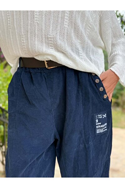 Punta Otantik Ls2203 Italian Belted Velvet Trousers Navy Blue