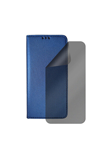 Optim Solution Set Husa Flip si Folie Silicon Privacy pentru Xiaomi Redmi Note 8 Pro, Texture Design, Albastru