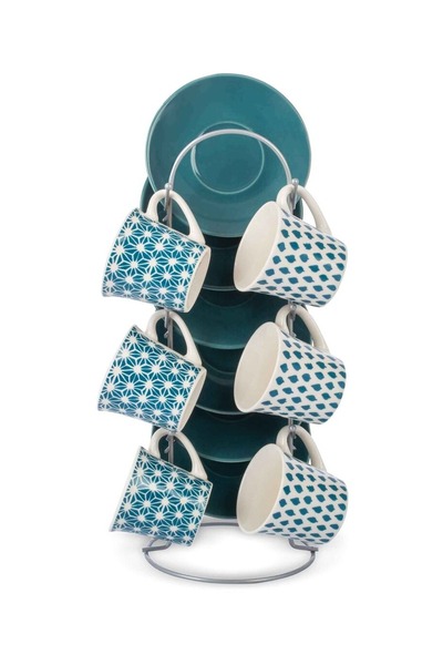 Bien Servi 13-Piece Coffee Cup and Saucer Set with White and Blue Stand