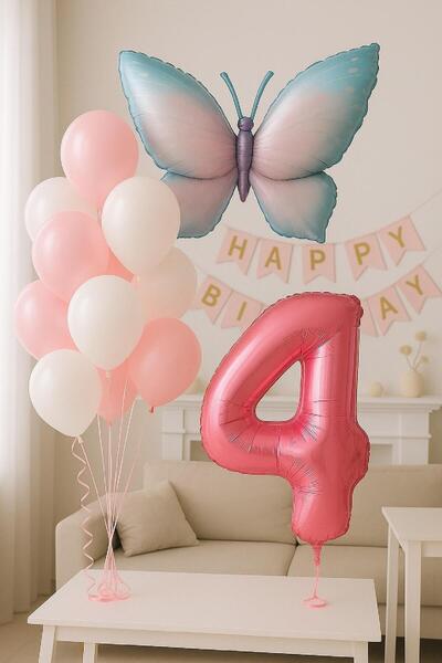 TATLI GÜNLER 4 Yaş Kız Bebek Doğum Günü Süsleme Seti Kelebek ve Rakam Folyo Balon Seti
