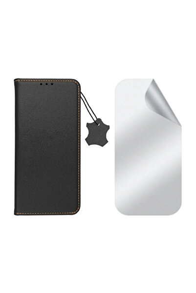 Optim Solution Set Husa Flip Piele Naturala si Folie Silicon Matte pentru Samsung Galaxy A35, Transparent, Negru