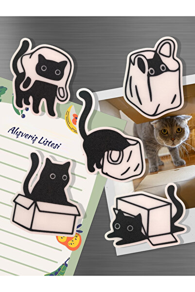 Dumanicus Meraklı Kediler Buzdolabı Magneti, Dolap Süsü 5'li Paket Model 1