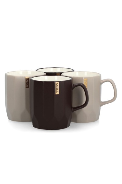 Bien Servi Stylish "Smile and Enjoy" Printed Coffee Mug Set of 4, Black and Grey, 14 oz