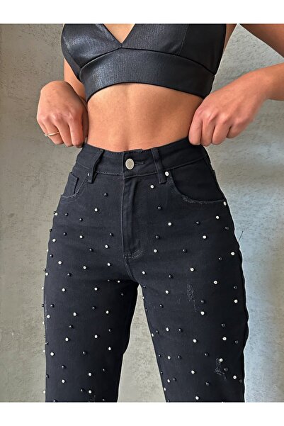 ADAMODA.RO Blugi elastici mom fit cu perle