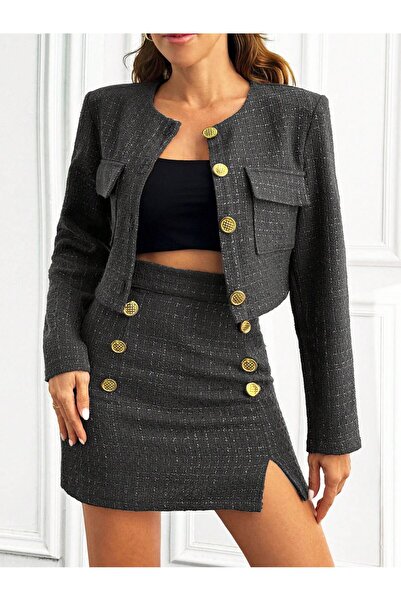 Purpleclo Gold Düğme Detaylı Tüvit Etek Ceket Takım