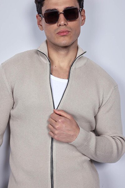 ablukaonline Ανδρική ζακέτα με φερμουάρ με ψηλό γιακά, μπεζ