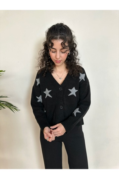 BELISTIL Black Star Patterned V-Neck Knitwear Cardigan