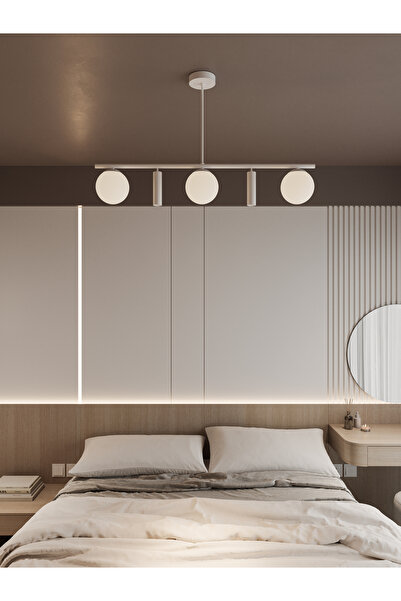 avizade SİENA Beyaz Metal Gövdeli 5’li Modern Avize–3 Beyaz Cam Küre ve 2 Spo...