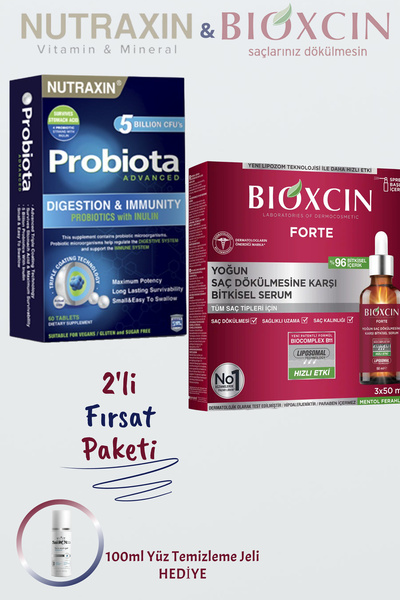 Nutraxin Probiota Advanced 60 Tablet +Yoğun Saç Dökülmesi Karşıtı Forte Saç Serumu 3x50 ML+ 100 ml Jel HEDİYE