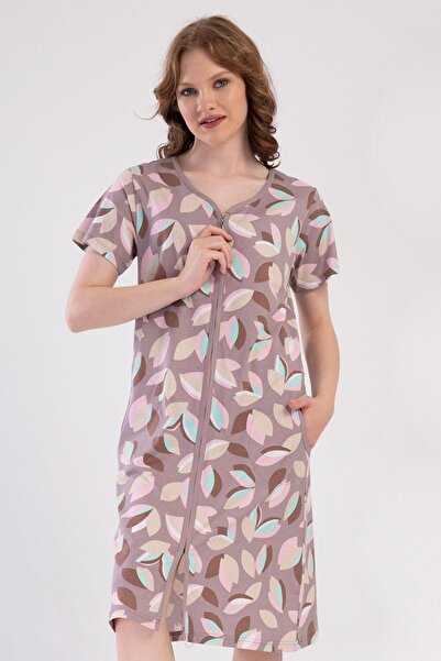 VİENETTA Women's Powder Color Short Sleeve Zipper V-Neck Pocket Casual Cut Home Dress C2T3N1904