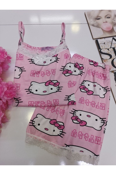 Lila Hello Kitty Desenli Birinci Kalite Milan Kumaş Dantel Detaylı Şortlu Takım