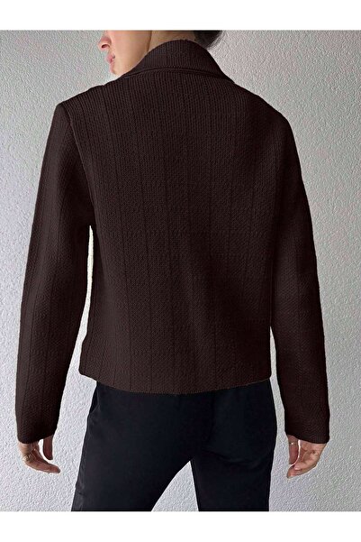 Puella HRK0009 Γυναικείο καφέ παλτό με καρό γιακά με χρυσά κουμπιά Tweed-παλτό Πλεκτό Ζακέτα