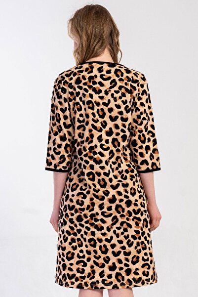 VİENETTA Women's Capri Sleeve Leopard Pattern Zippered Home Dress C0T0N3305