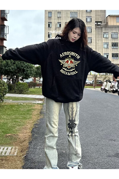 Minga London سويت شيرت أسود كبير الحجم مطبوع عليه إيروسميث - مينجالدوند