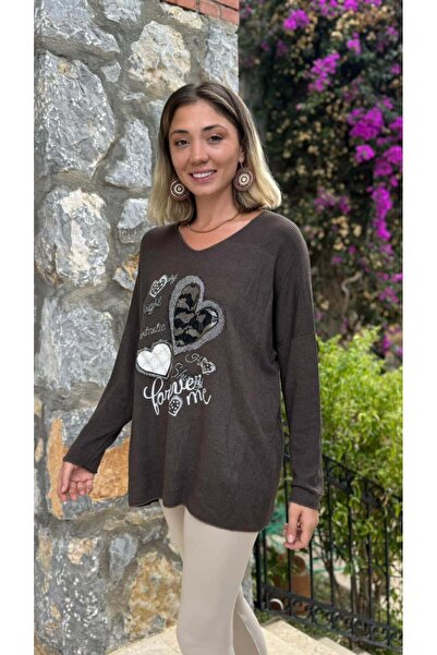 Punta Otantik LS6211 Ιταλική πλεκτή μπλούζα με σχέδιο καρδιάς καφέ