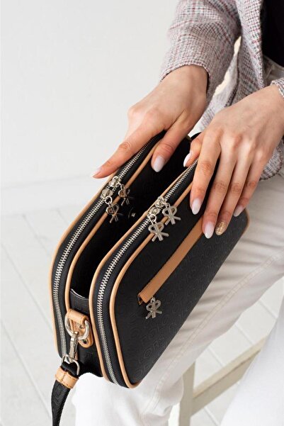 Çanta Trend Black Camel 5-Compartment Embossed Faux Leather Crossbody Adjustable Strap Women's Shoulder Bag