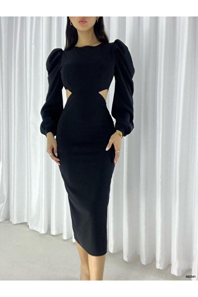 Modafeminen Krep Kumaş Dekolteli Tasarım Prenses Kol Yırtmaçlı Kadın Midi Elbise 582341 SİYAH