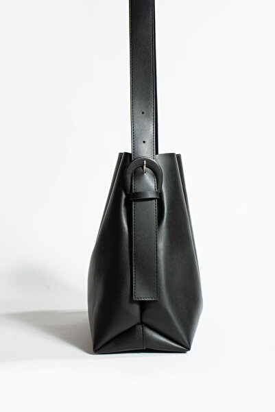 H&D COLLECTİON Black Soft Leather Large Shopper Bag with Snap Fasteners and Internal Compartment with Zipper