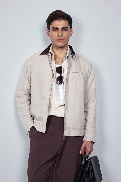 ablukaonline Men's Contrast Collar Regular Fit Denim Jacket Beige