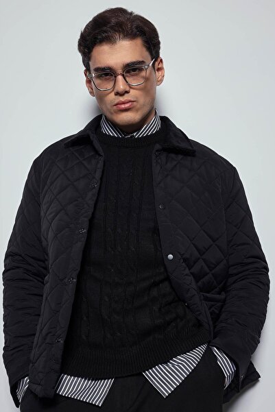 ablukaonline Men's Oversize Quilted Jacket with Ribbed Collar Detail, Black