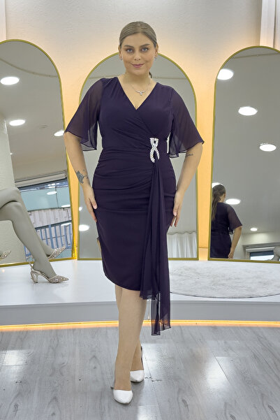 zks grup tekstil Women's Half Sleeve Stone Detailed Midi Length Plus Size Evening Dress Black, Plum, Purple, Navy Blue