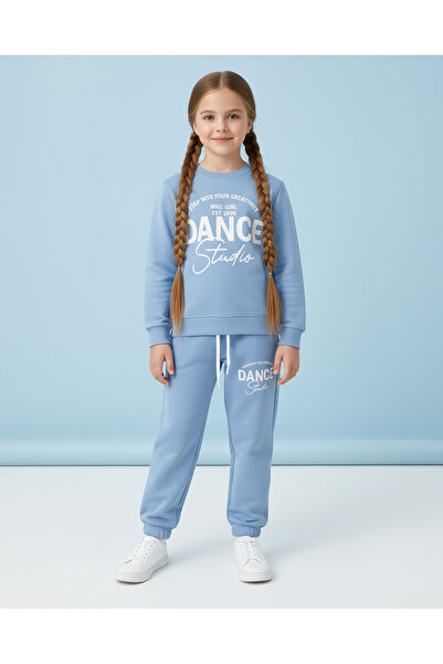 Emsun Kız Çocuk Bebek Mavisi Yandan Cepli Baskılı İkili Takım