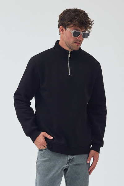 By Caspita Fashion Lenithra Basic Oversize Siyah Unisex Yarım Fermuar Boğazlı Sweatshirt