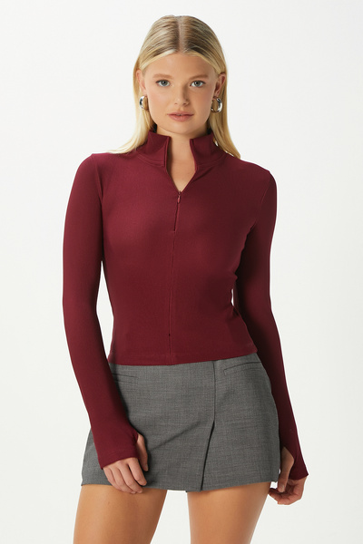 Ritnice Lithe Bodycon Half-Zip Ribbed Burgundy Blouse