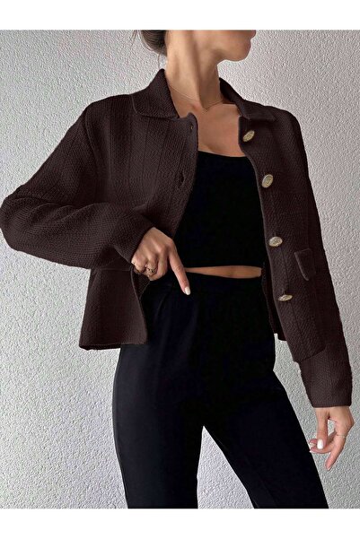 Puella HRK0009 Γυναικείο καφέ παλτό με καρό γιακά με χρυσά κουμπιά Tweed-παλτό Πλεκτό Ζακέτα