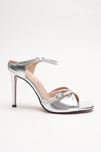 Ayakkabı Ateşi Women's Double Strap Design Heeled Shoes Liona Silver Wrinkled